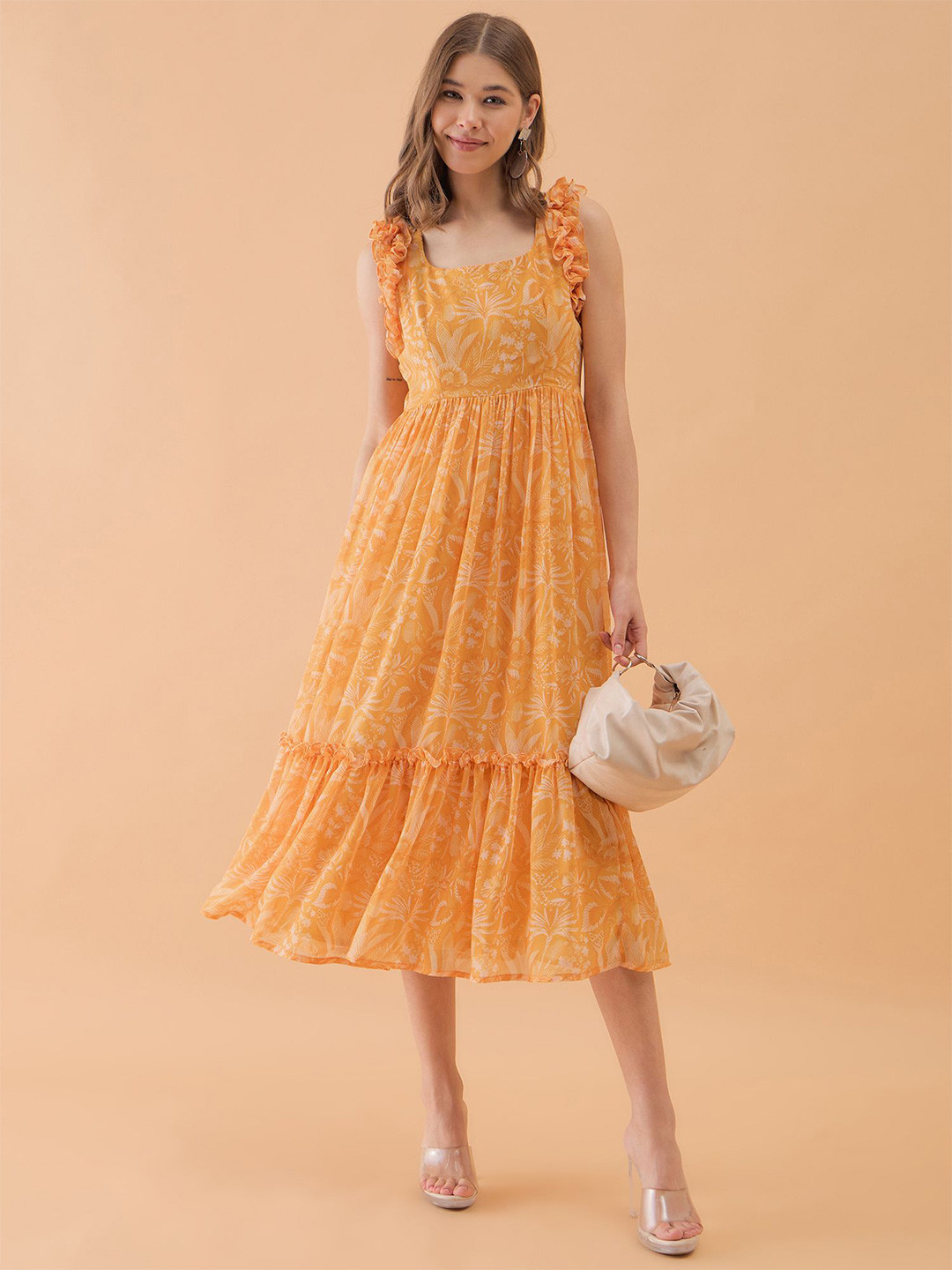 OCTICS Women Square Neck Georgette Fit & Flare Midi Dress