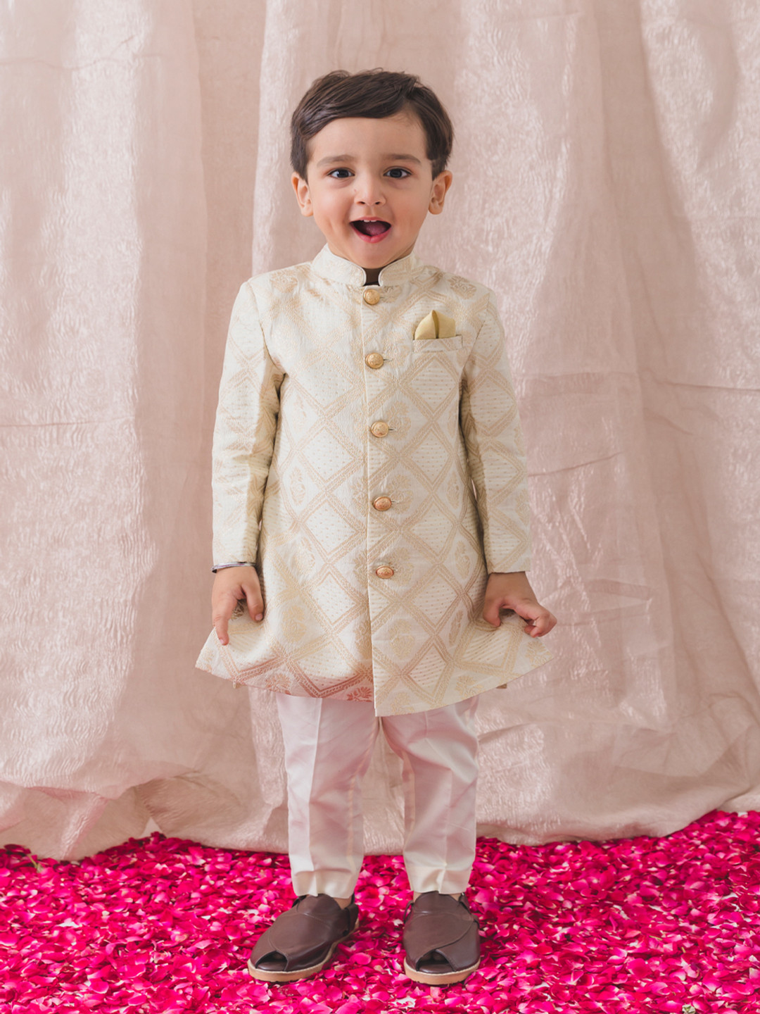 Tiber Taber Boys Woven Design Khwabeeda Brocade Bandhgala Kurta & Coat With Trousers