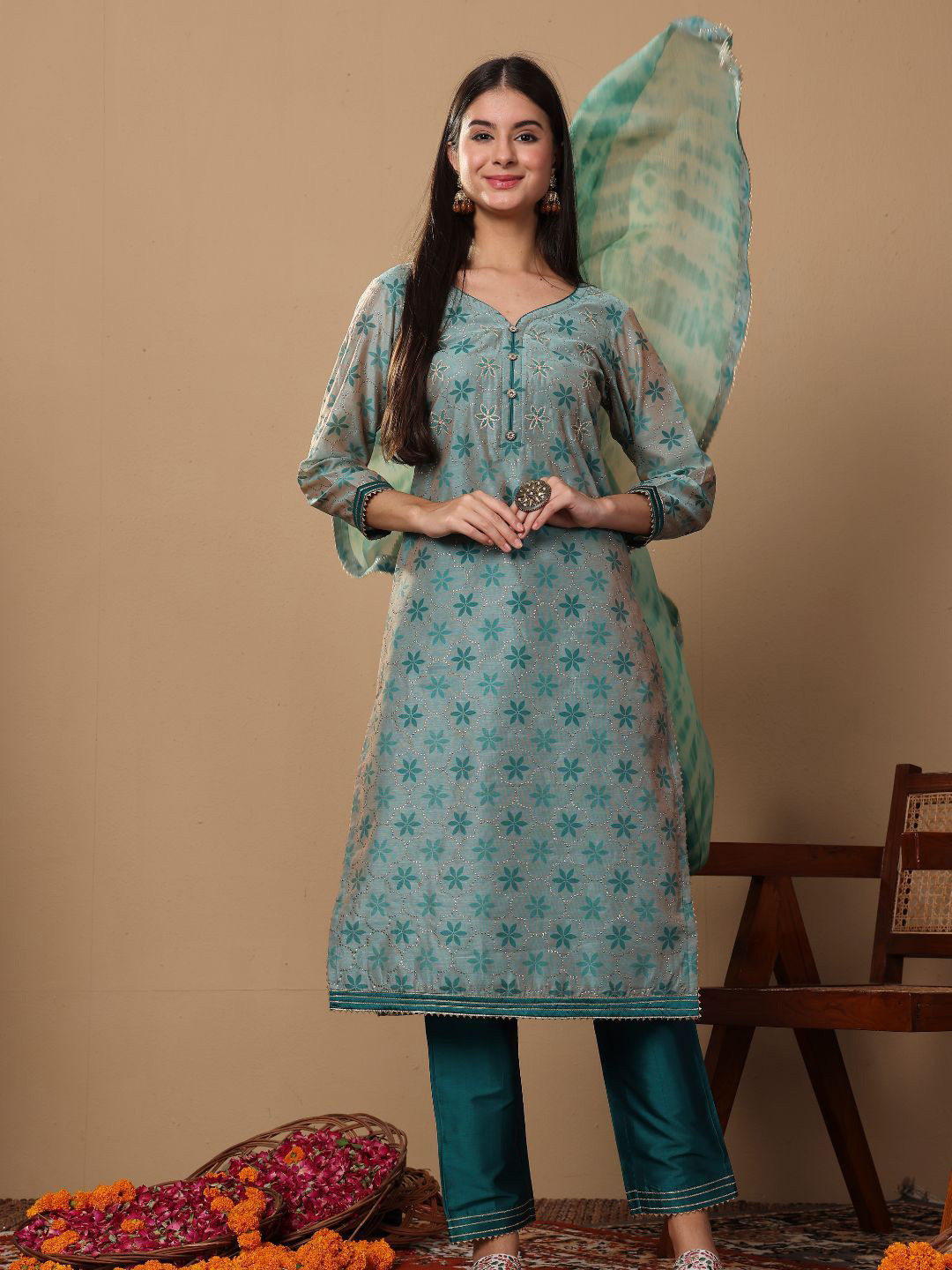 Lative Colours of Fashion Floral Embroidered Chanderi Silk Kurta with Trousers & Dupatta