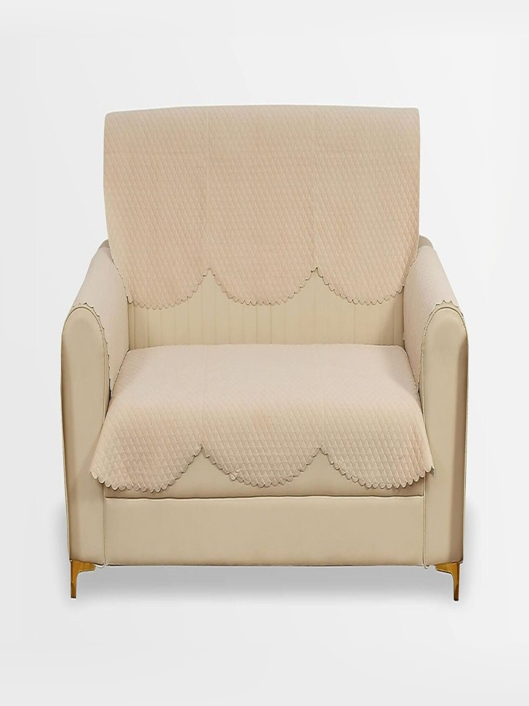 Fashion Throw Beige 3-Seater Checked Velvet Sofa Cover With Arms