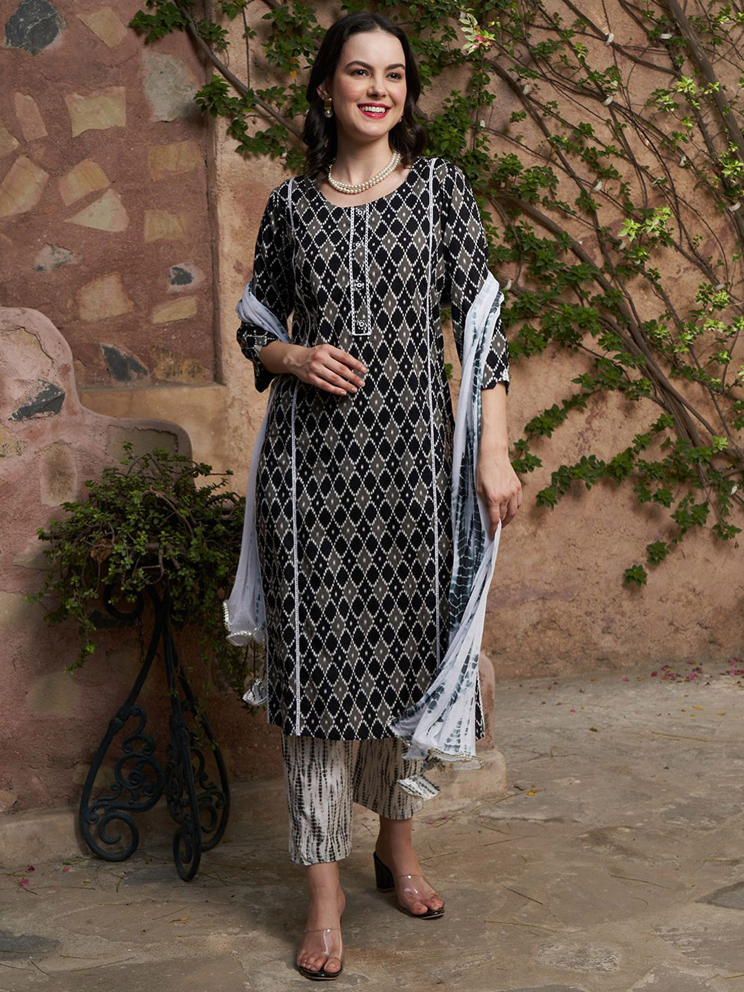 Sangria Black Geometric Printed Lace Work Pure Cotton Kurta With Trousers And Dupatta