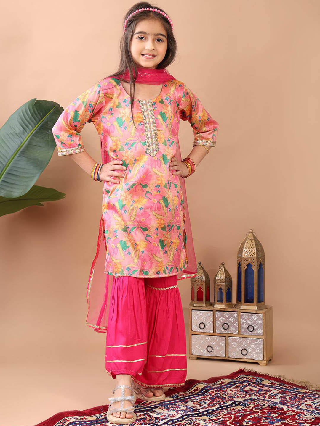 Here&Now X Kinder Kids Girls Regular Kurti with Palazzos & Net