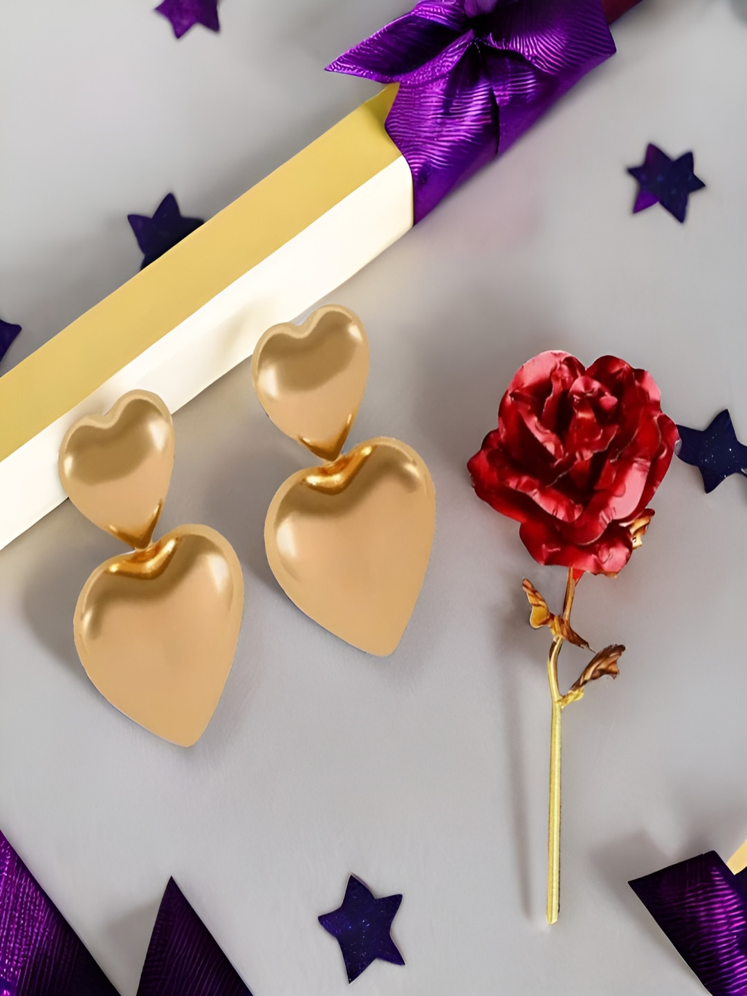 UNIVERSITY TRENDZ Gold-Toned Heart Shaped Earrings & Red Rose Gift Combo Set
