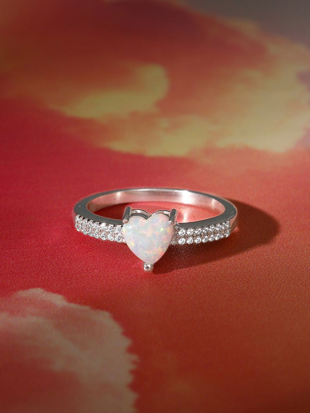 GIVA 925 Sterling Silver Rhodium-Plated Stone-Studded Opal Heart Finger Ring