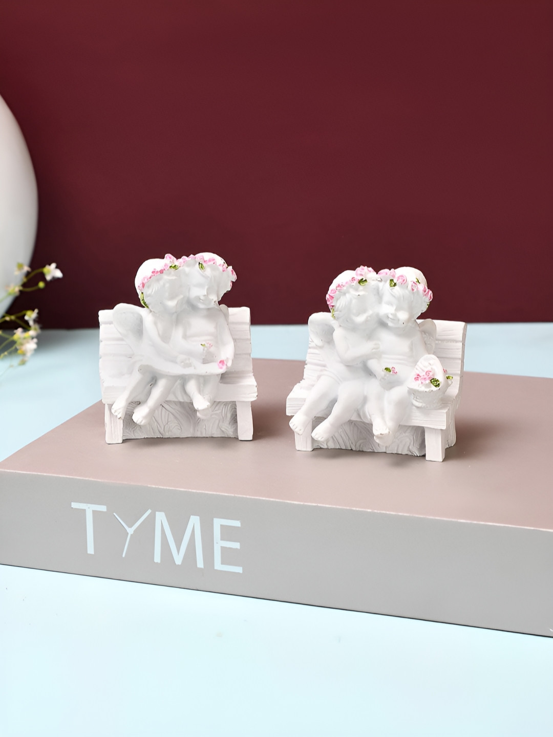 TAYHAA Loving Angles on a Bench White Resin Glossy Living Room Set of 2 Tiny Showpieces - 2.8 Inches
