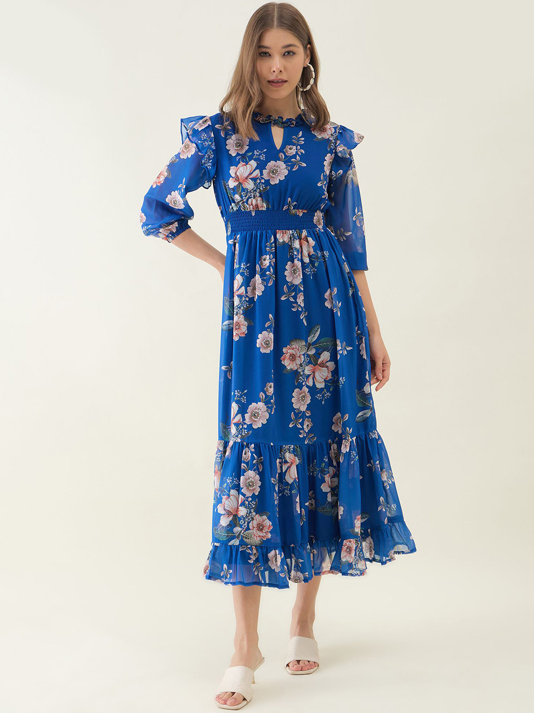 OCTICS Women Floral Printed Puff Sleeve Georgette Fit & Flare Midi Dress