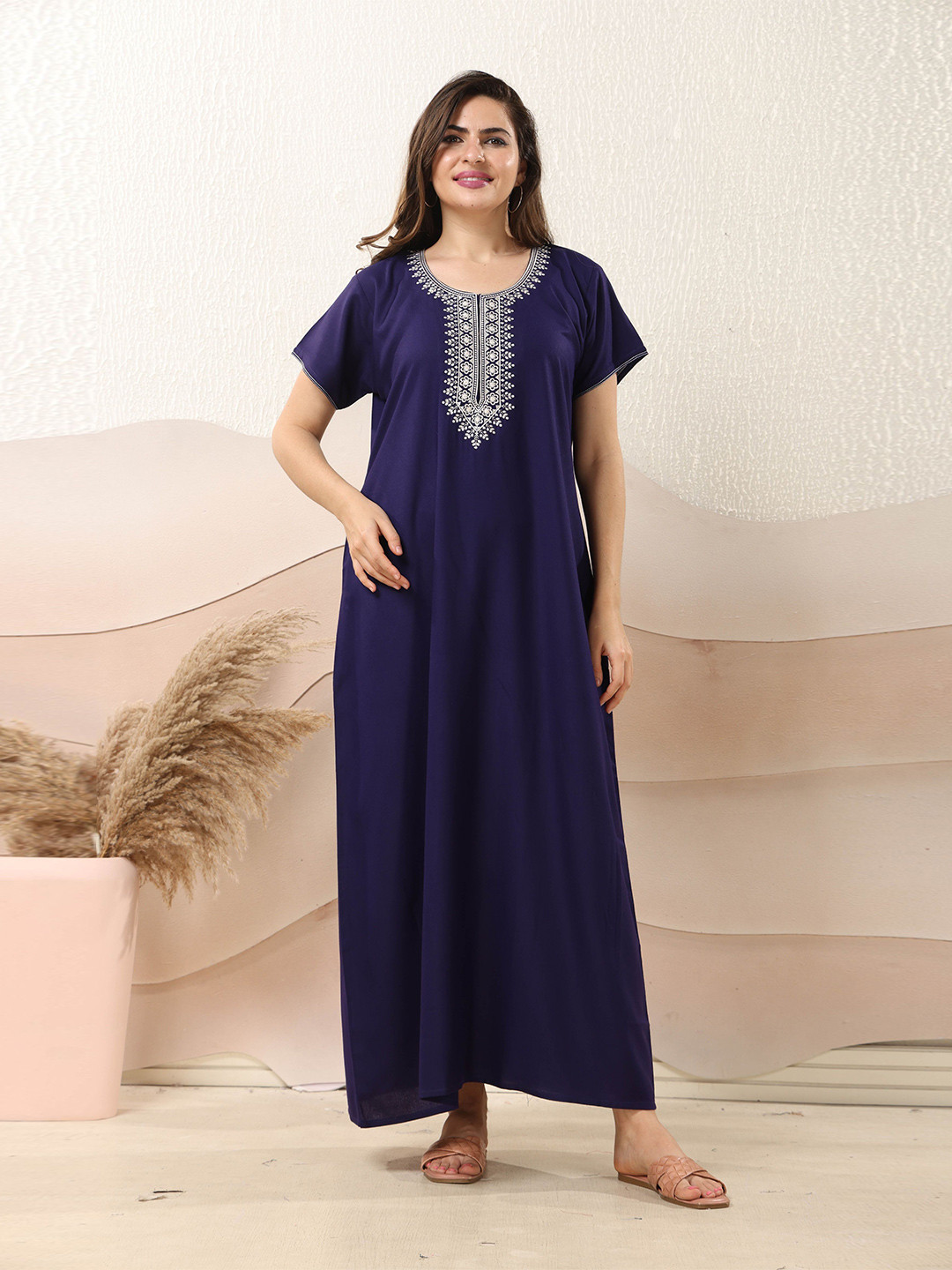 EASY MOM Embroidered Pure Cotton Maxi Nightdress