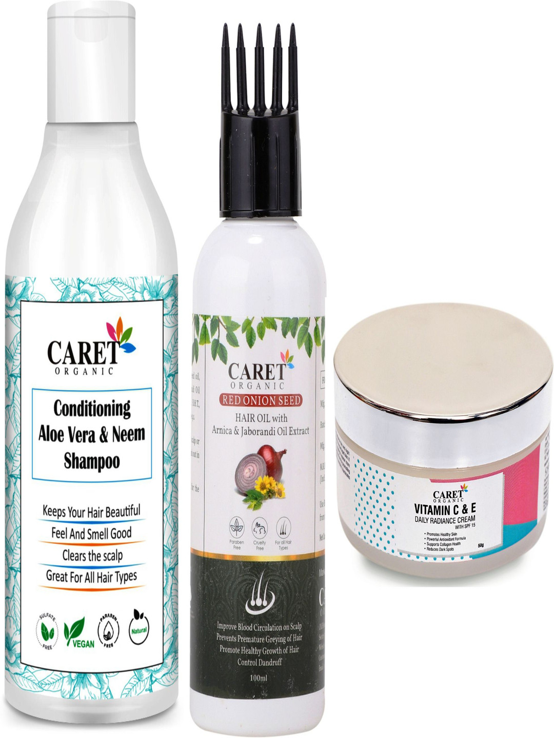 CARET ORGANIC Set Of 3 Conditioning Shampoo With Red Seeds Onion Oil & Radiance Cream