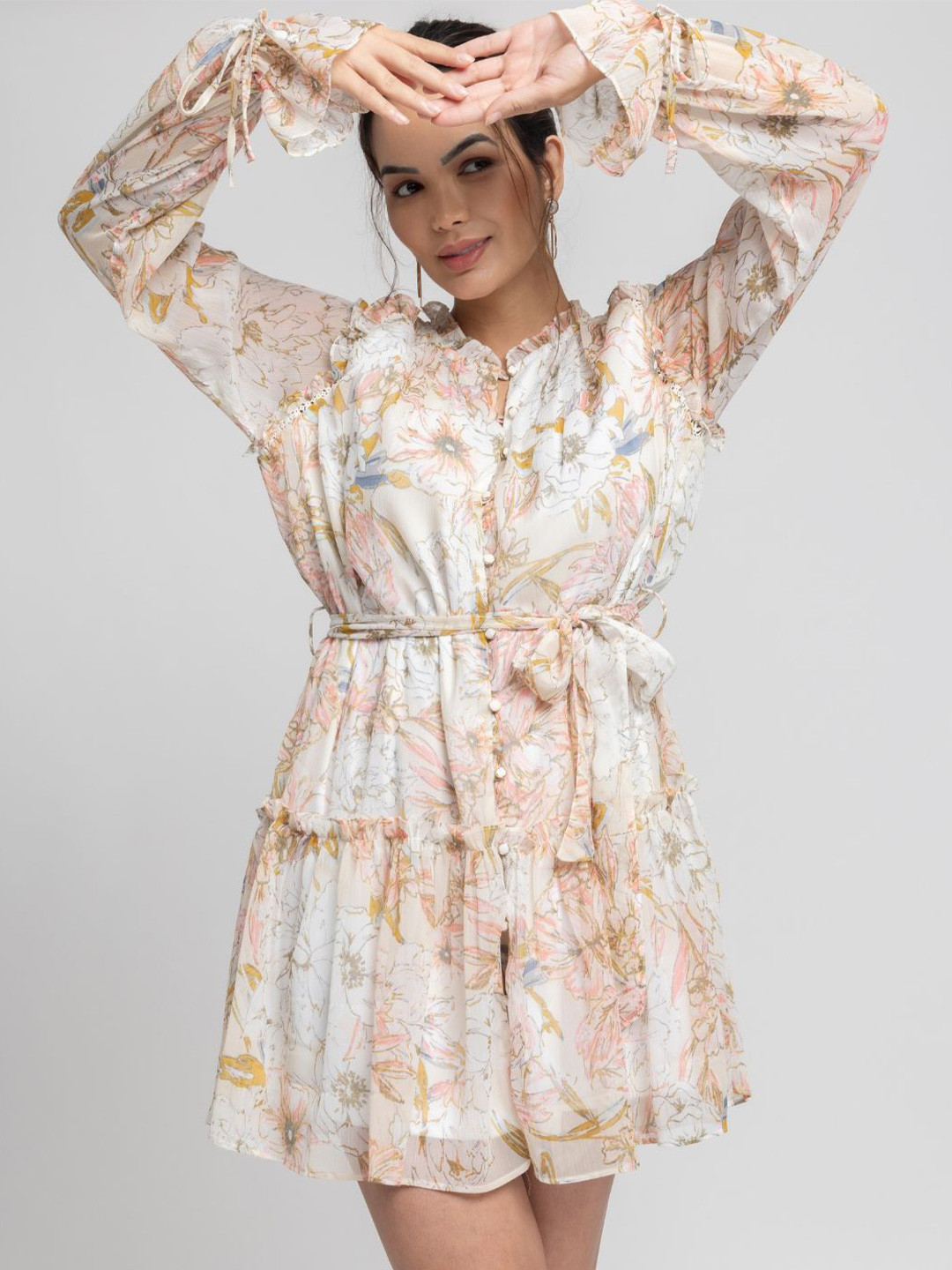 JULO Women Floral Printed Mandarin Collar Bell Sleeves Tiered Fit & Flare Dress