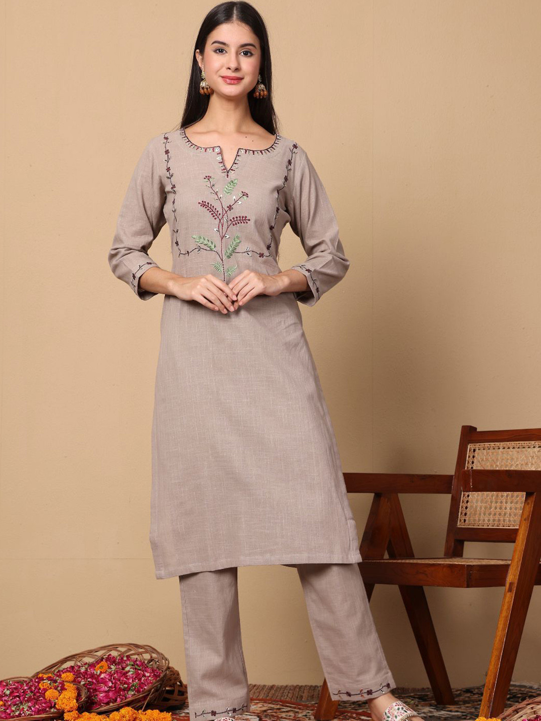 Lative Colours of Fashion Floral Thread Work Pure Cotton Kurta with Trousers And Dupatta