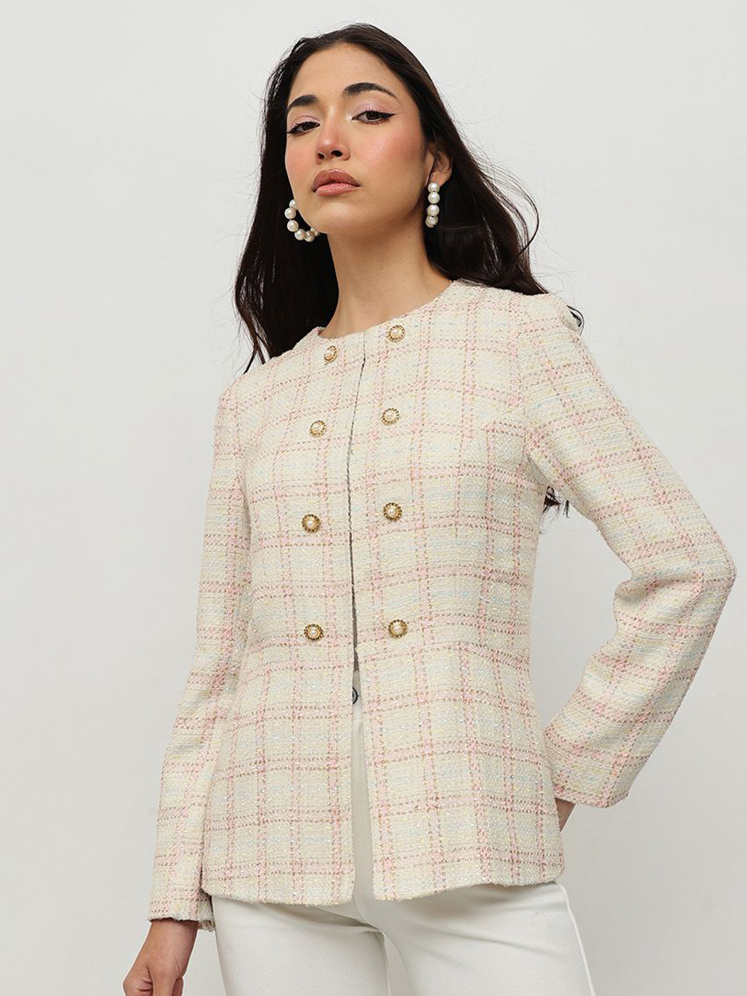 HOUSE OF S Women Checked Collarless Open Front Jacket