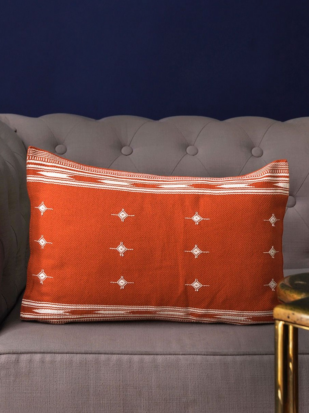 JAYPORE Rust & White Ethnic Motifs Embroidered Cotton Pre-Filled Cushion