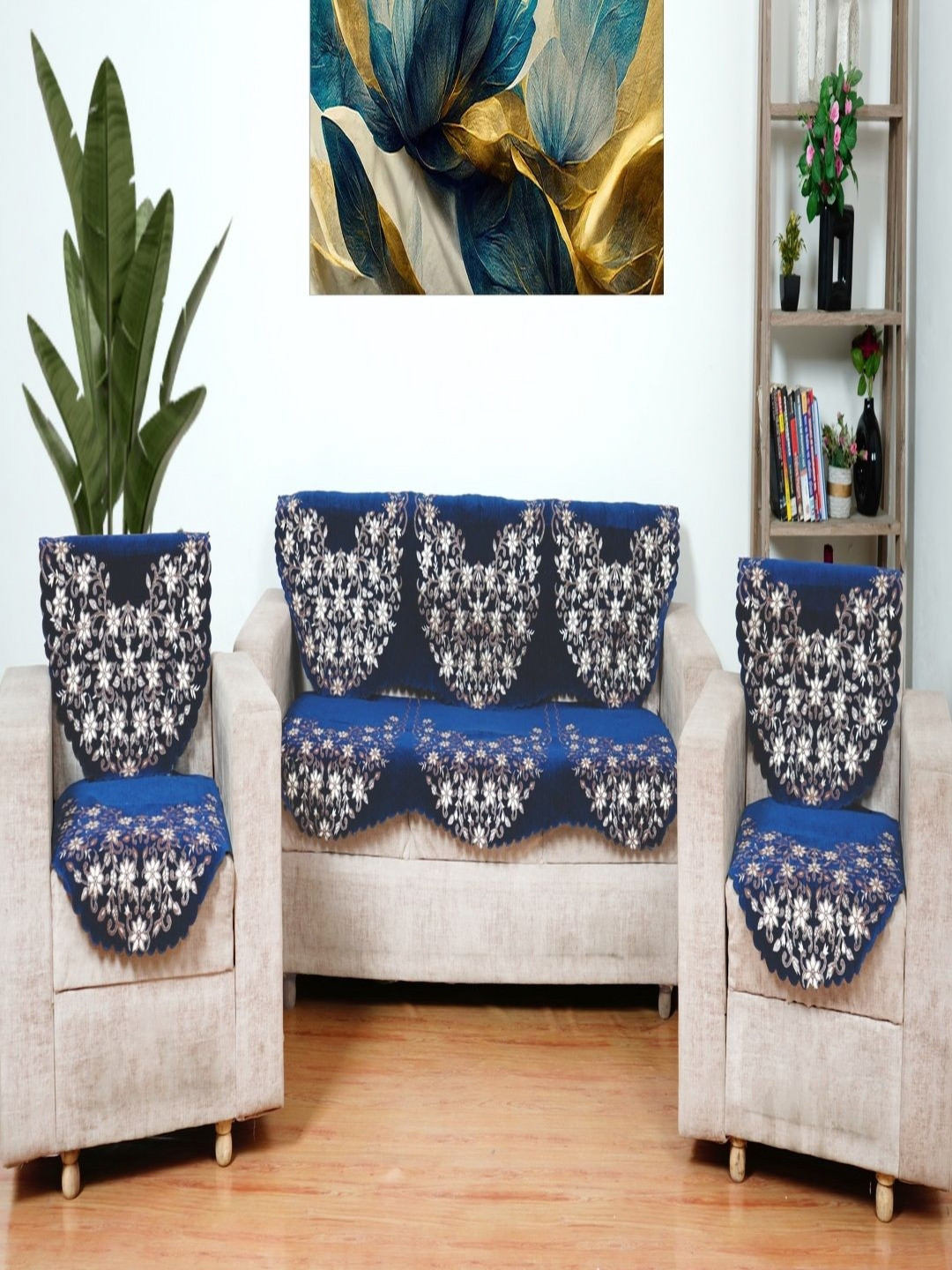 Fashion Throw Navy Blue 5 Pieces Floral Printed Jacquard Sofa Covers