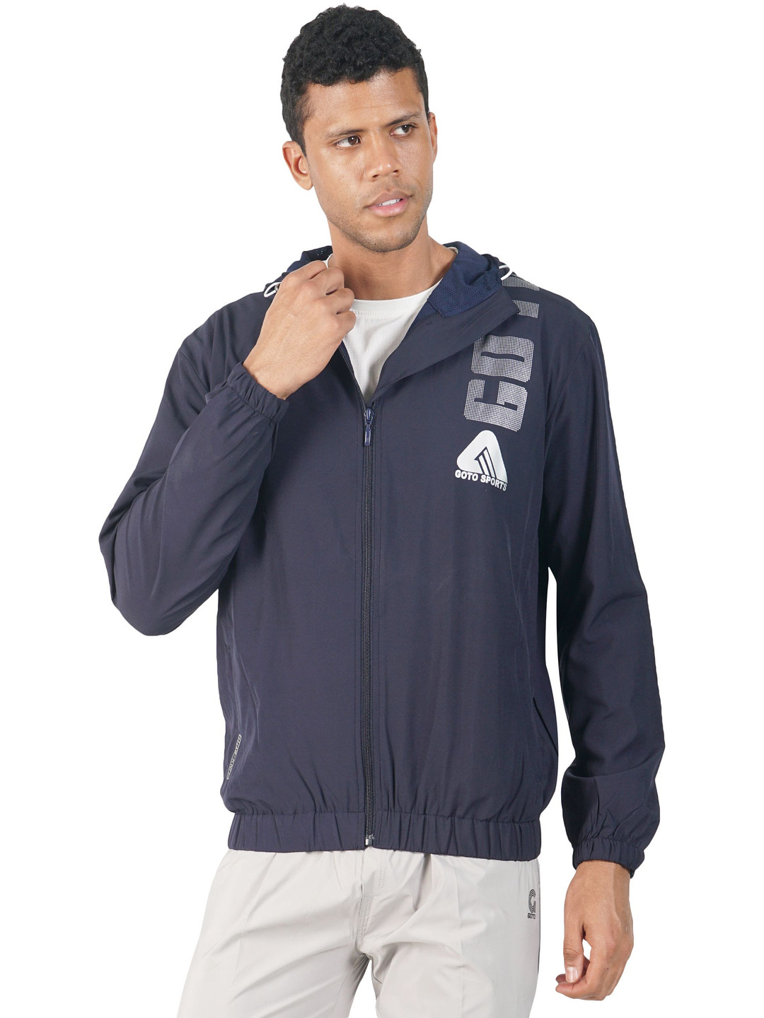 GOTO Men Polyester Lightweight Training or Gym Open Front Jacket with Embroidered