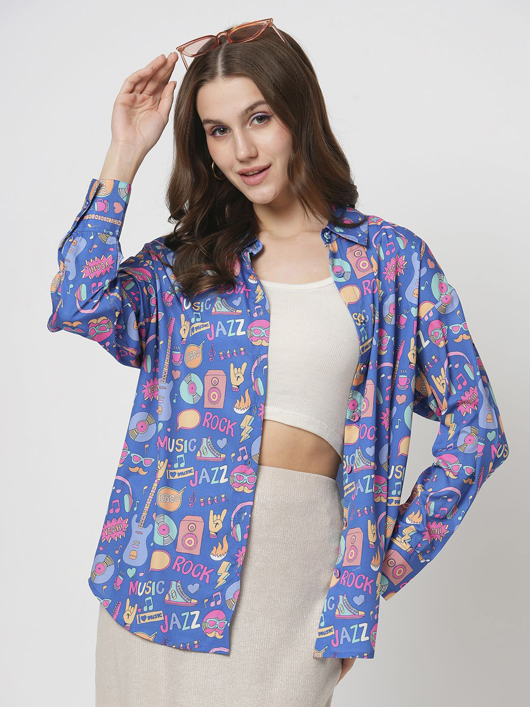 ZESTX Women Relaxed Fit Spread Collar Typography Printed Casual Shirt