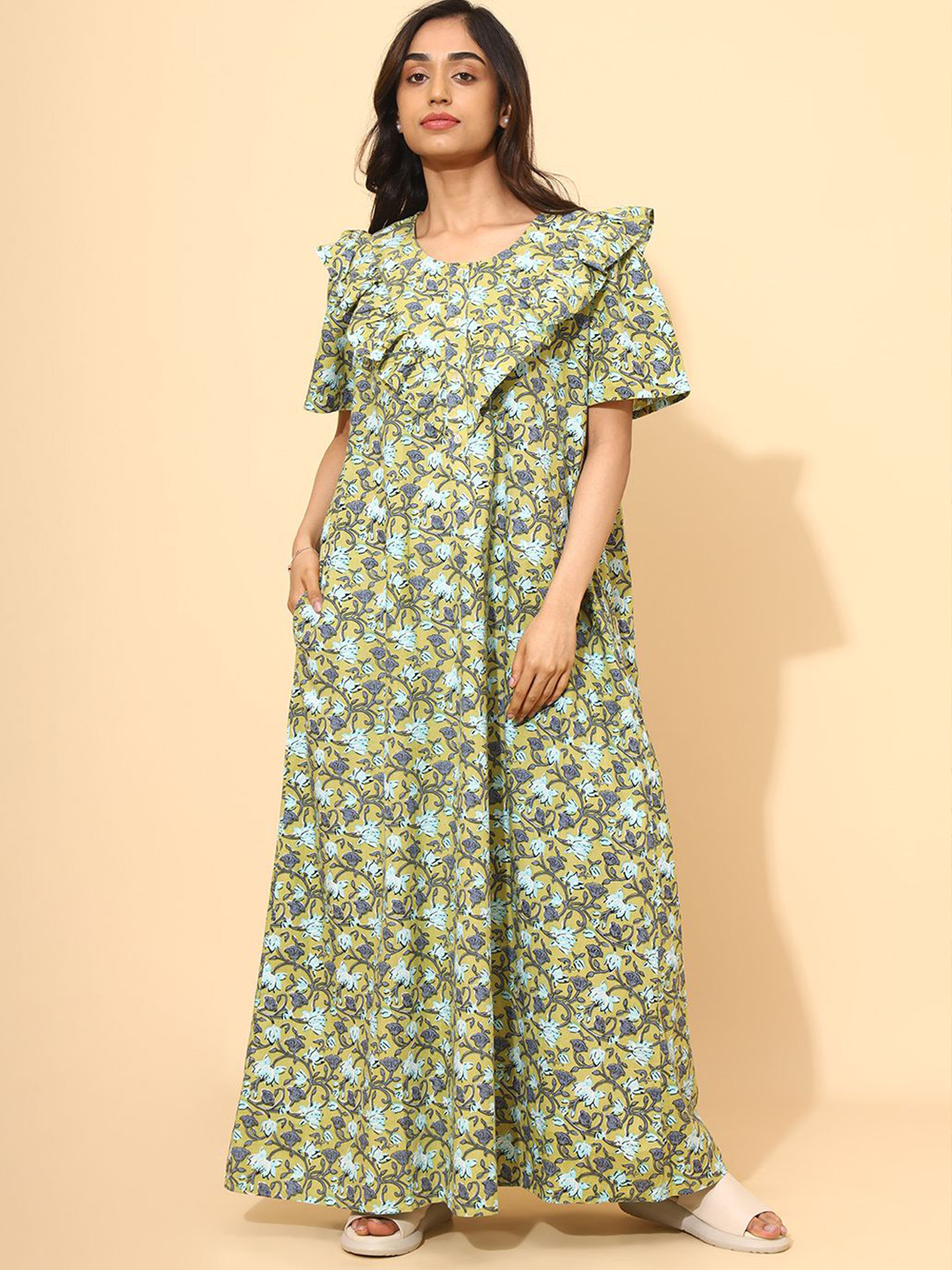 YELLOW BLOOM Pure Cotton Printed Maxi Nightdress