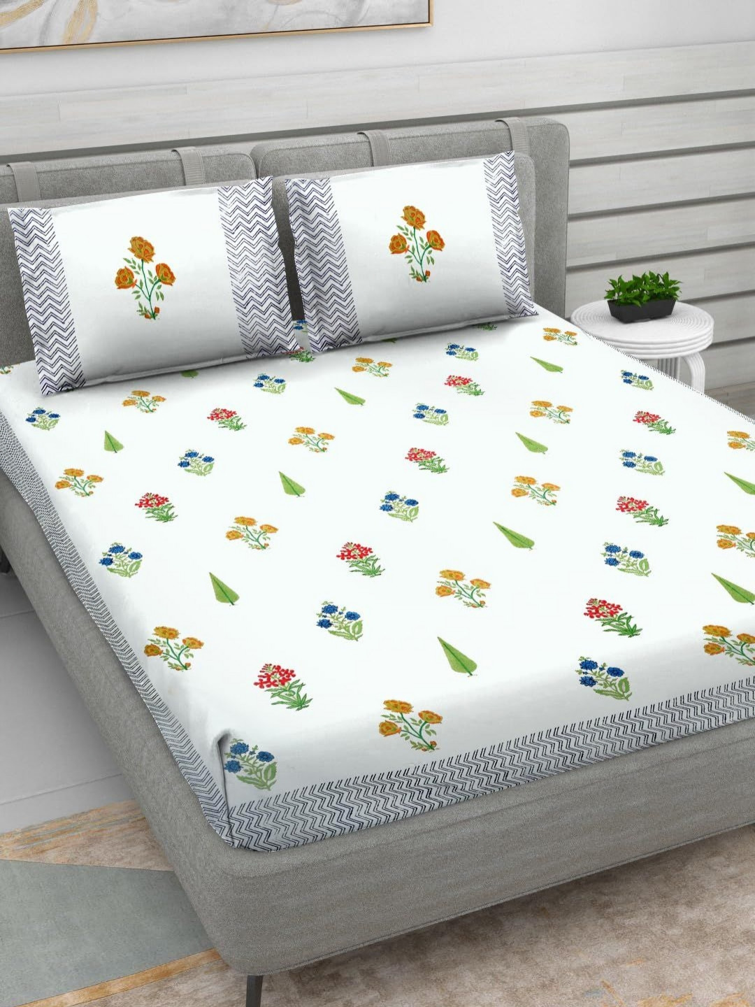 Myntra Elegant Homes RR Creations White Floral 400 TC King Bedsheet Set 2.28 m x 2.74 m