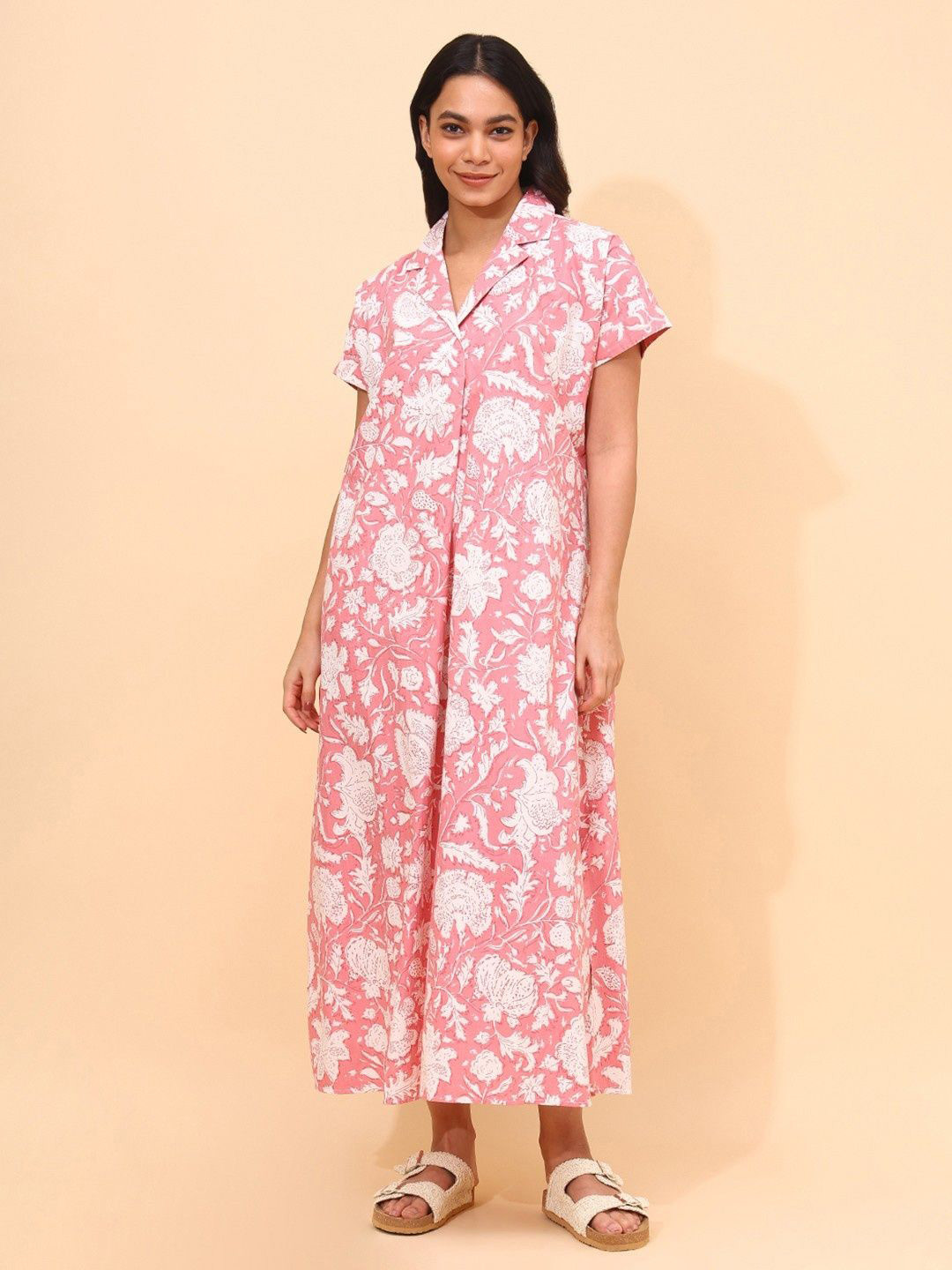 YELLOW BLOOM Women Lapel Collar Floral Printed Pure Cotton Maxi Nightdress