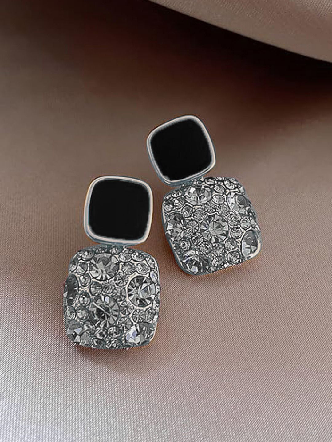 BEYTER Sterling Silver Rhinestone Studded Contemporary Drop Earrings