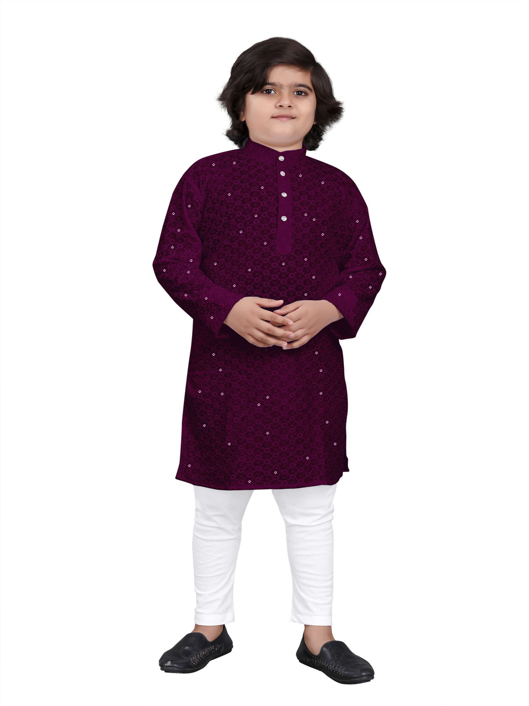 trustous Boys Embroidered Sequinned Mandarin Collar Straight Kurta Eith Pyjamas