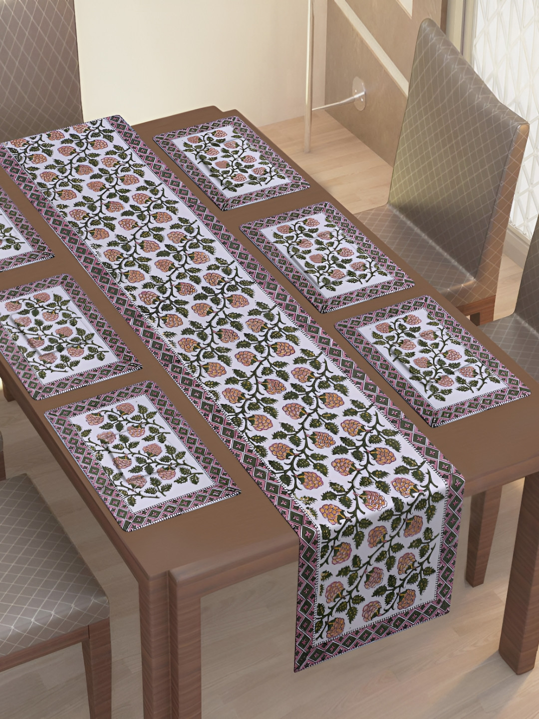 Texstylers White & Pink 13 Pieces Floral Printed Cotton Canvas Table Linen Sets