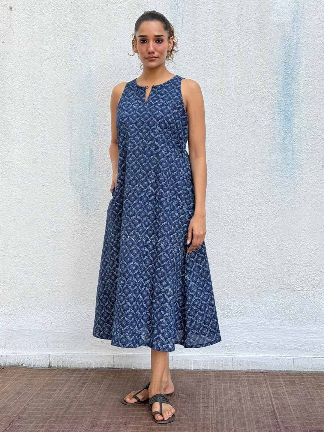 Chidiyaa Indigo Butterfly Pea Block Printed Cotton Dress