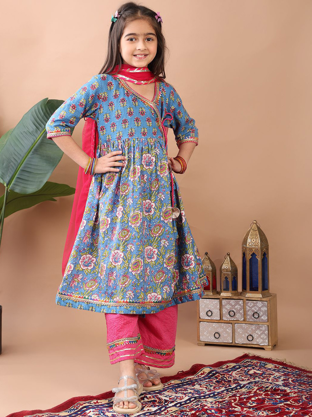 Here&Now X Kinder Kids Girls Floral Printed Angrakha Gotta Patti Pure Cotton Kurti with Palazzos & With