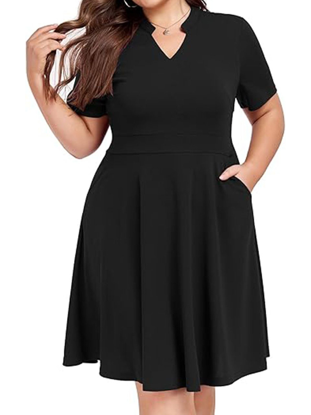 C4D Women Plus Size Mandarin Collar Fit and Flare Dress
