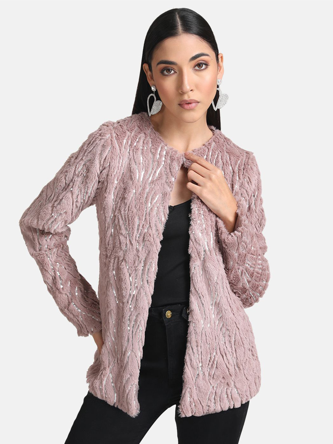 Kazo Women Collarless Self Design Faux Fur Casual Open Front Jacket