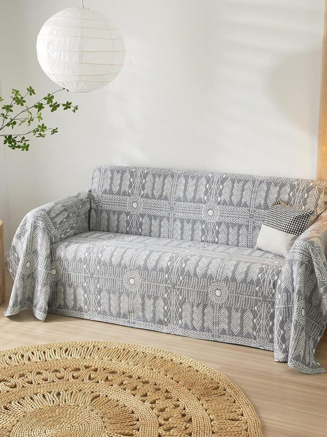 HOUSE OF QUIRK Grey & White Printed Triple Seater Sofa Mat Cover With Arms