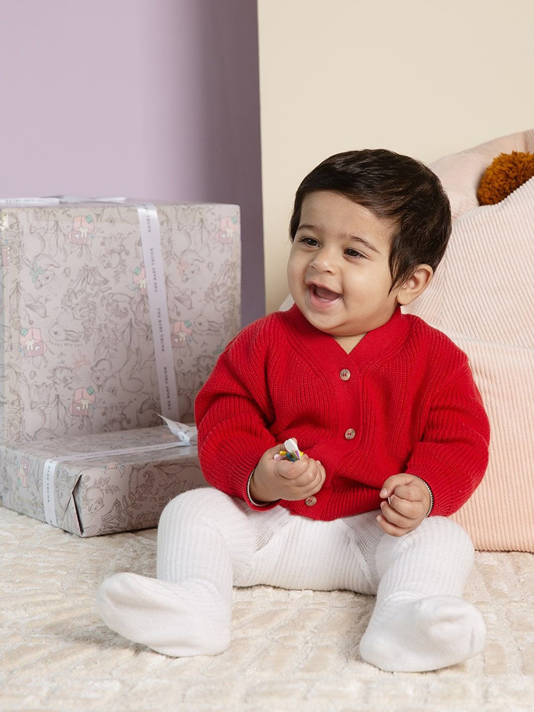 THE BABY TRUNK Red Solid Button-Down Woolen Cardigan