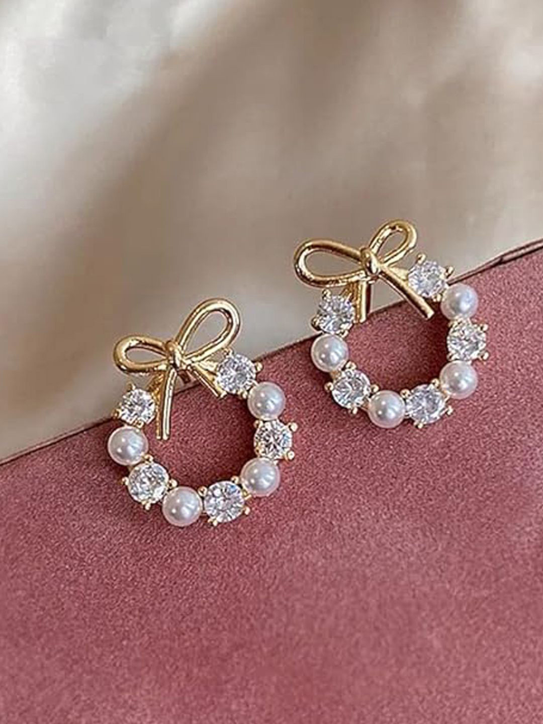 BEYTER Sterling Silver Pearls & Artificial Stones Studded Contemporary Korean Studs