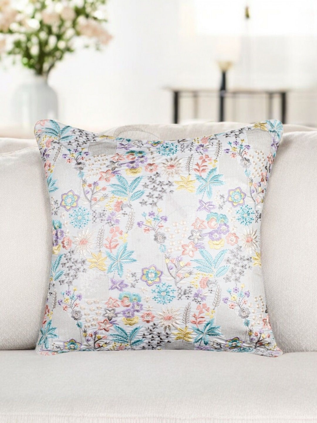 Vendola White & Blue Floral Embroidered Velvet Square Shaped Cushion Covers
