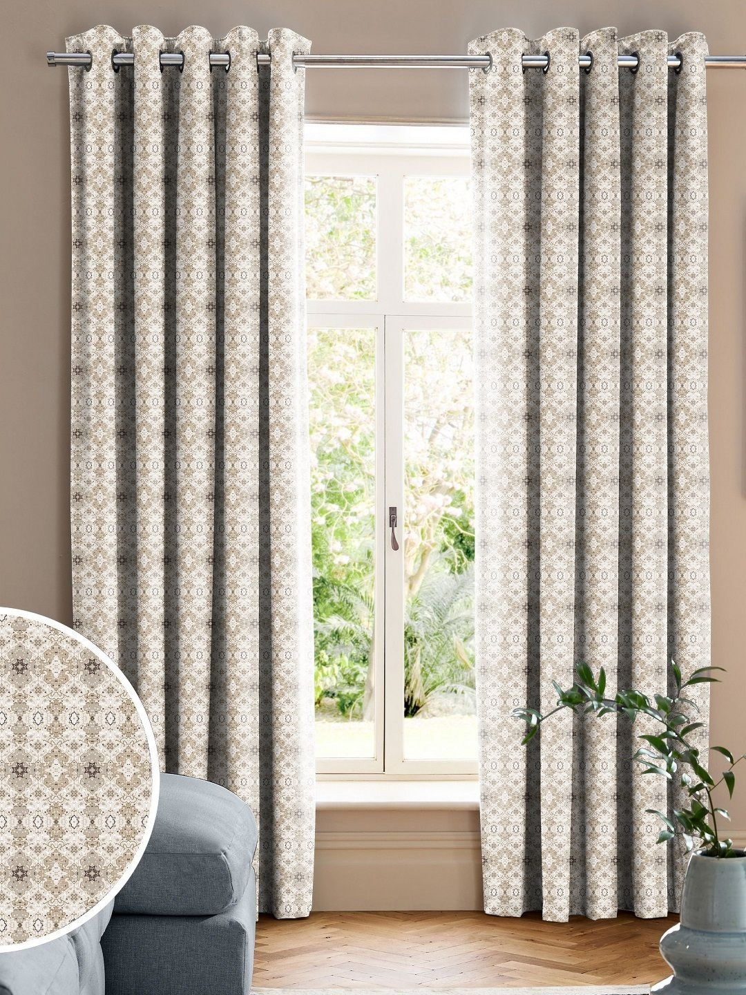 CASABLEU Anthem Isla Beige 2 Pieces Geometric Printed Room Darkening Door Curtains