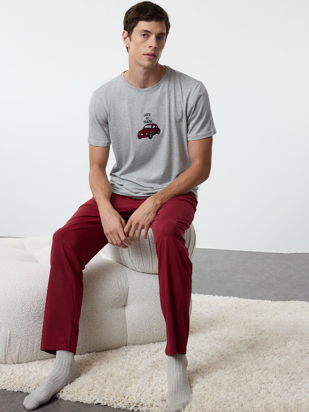 Trendyol Men Printed Night suit 1228313009-Grey