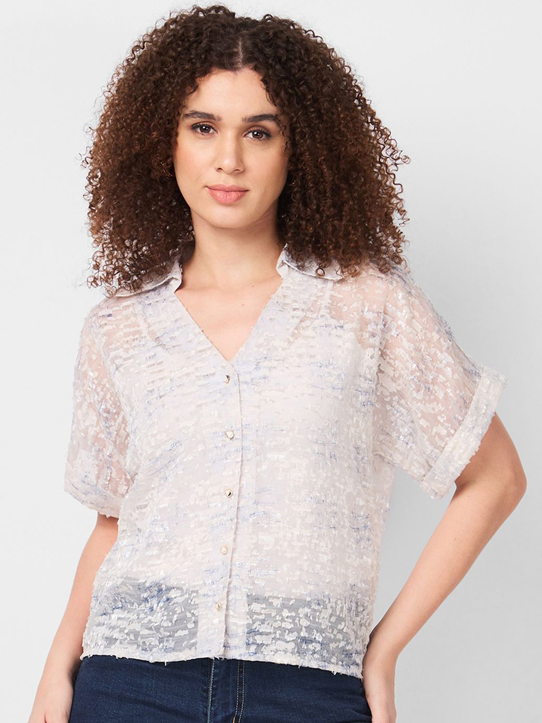 Iti Women Spread Collar Textured Casual Shirt