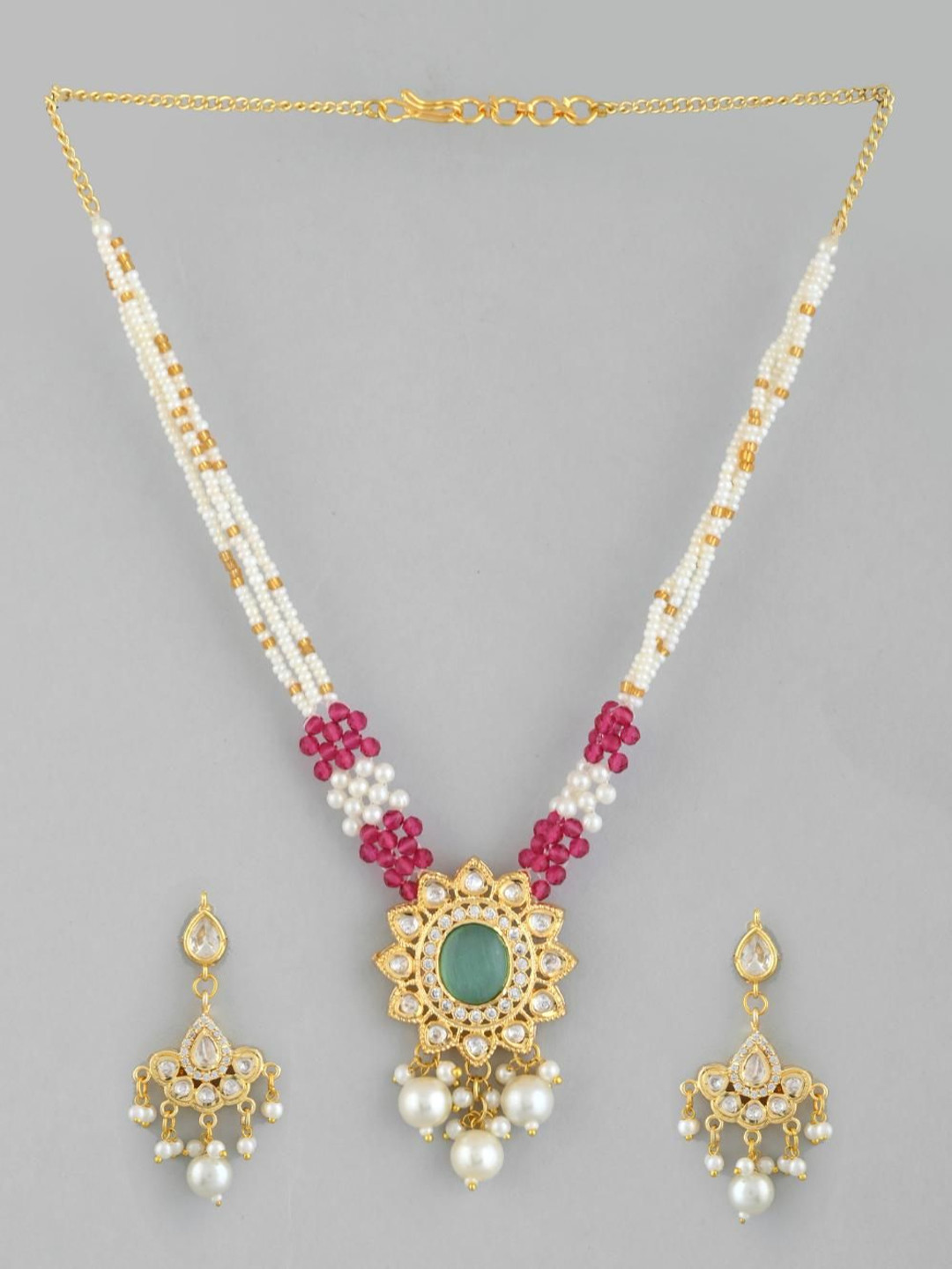 STYYO Gold-Plated Artificial Stones Studded And Pearls Beaded Jewellery Set
