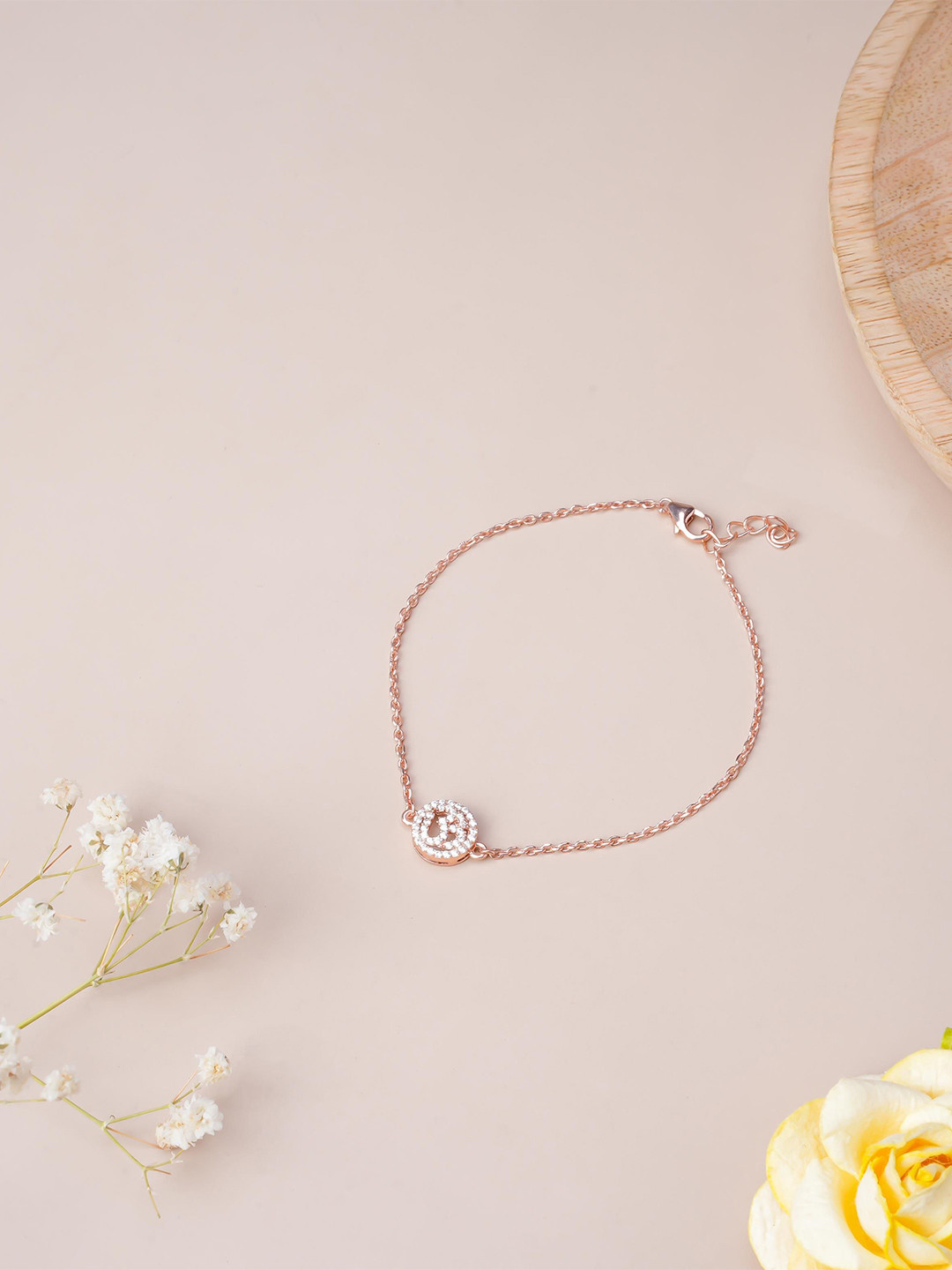 LIORA 925 Silver Jewellery Sterling Silver Rose Gold-Plated CZ-Studded Om Link Bracelet