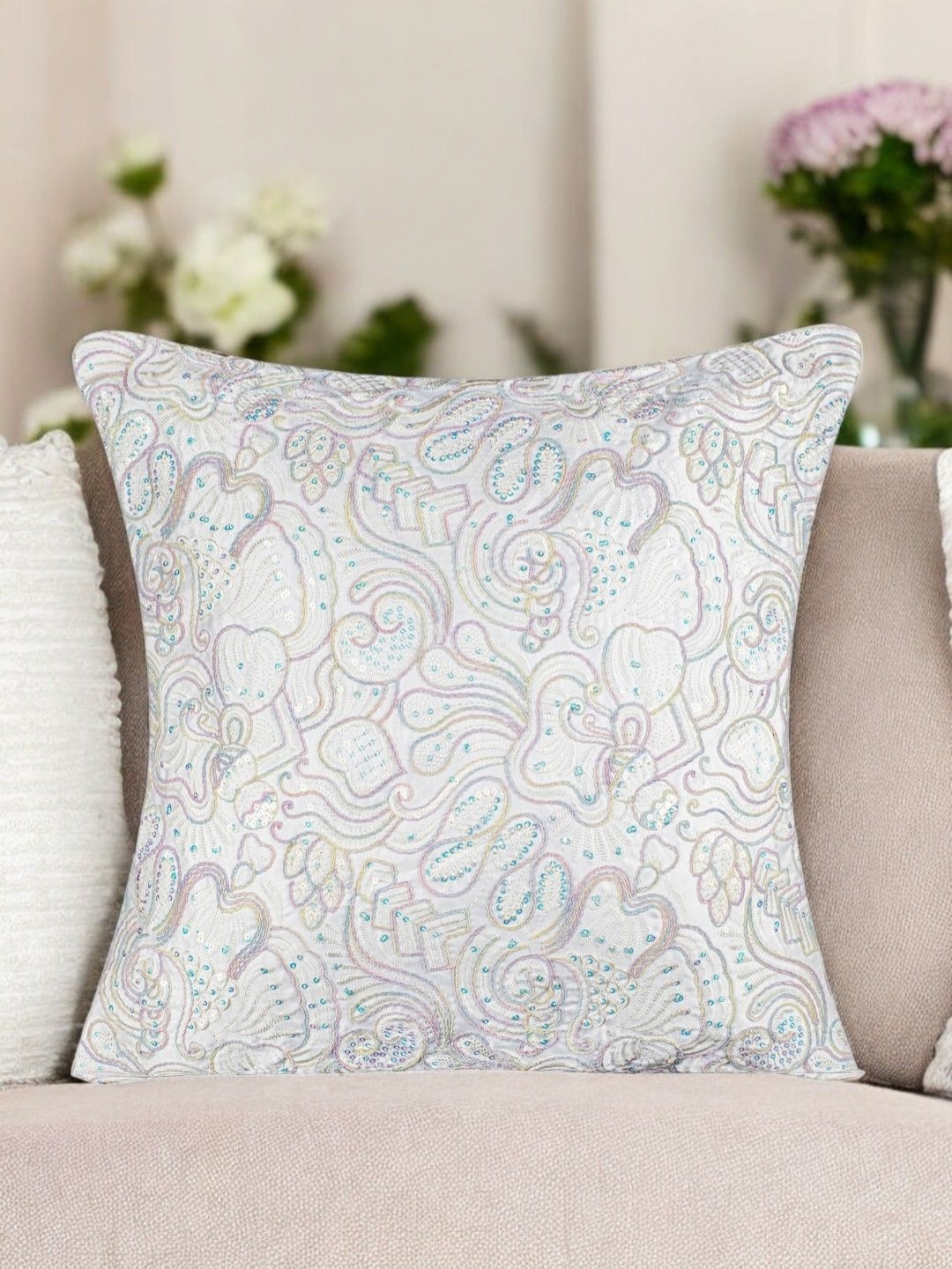 Vendola White & Blue Floral Embellished Velvet Square Shaped Cushion Covers
