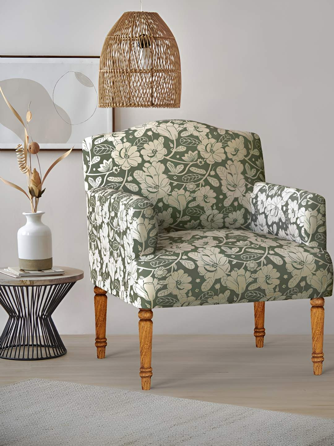 Chumbak Grey & White Floral Printed Nawab Arm Chair