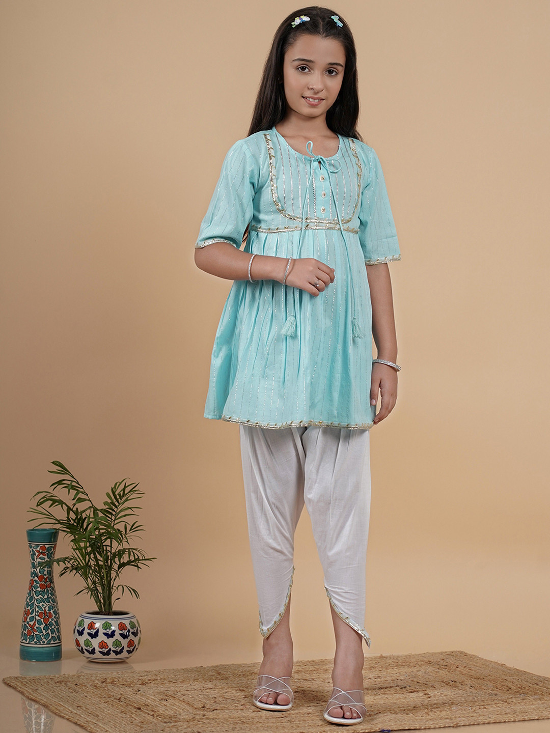 TUNIYA Girls Cotton Blend Gotta Patti Tie-Up Neck Anarkali Kurta With Dhoti Pants