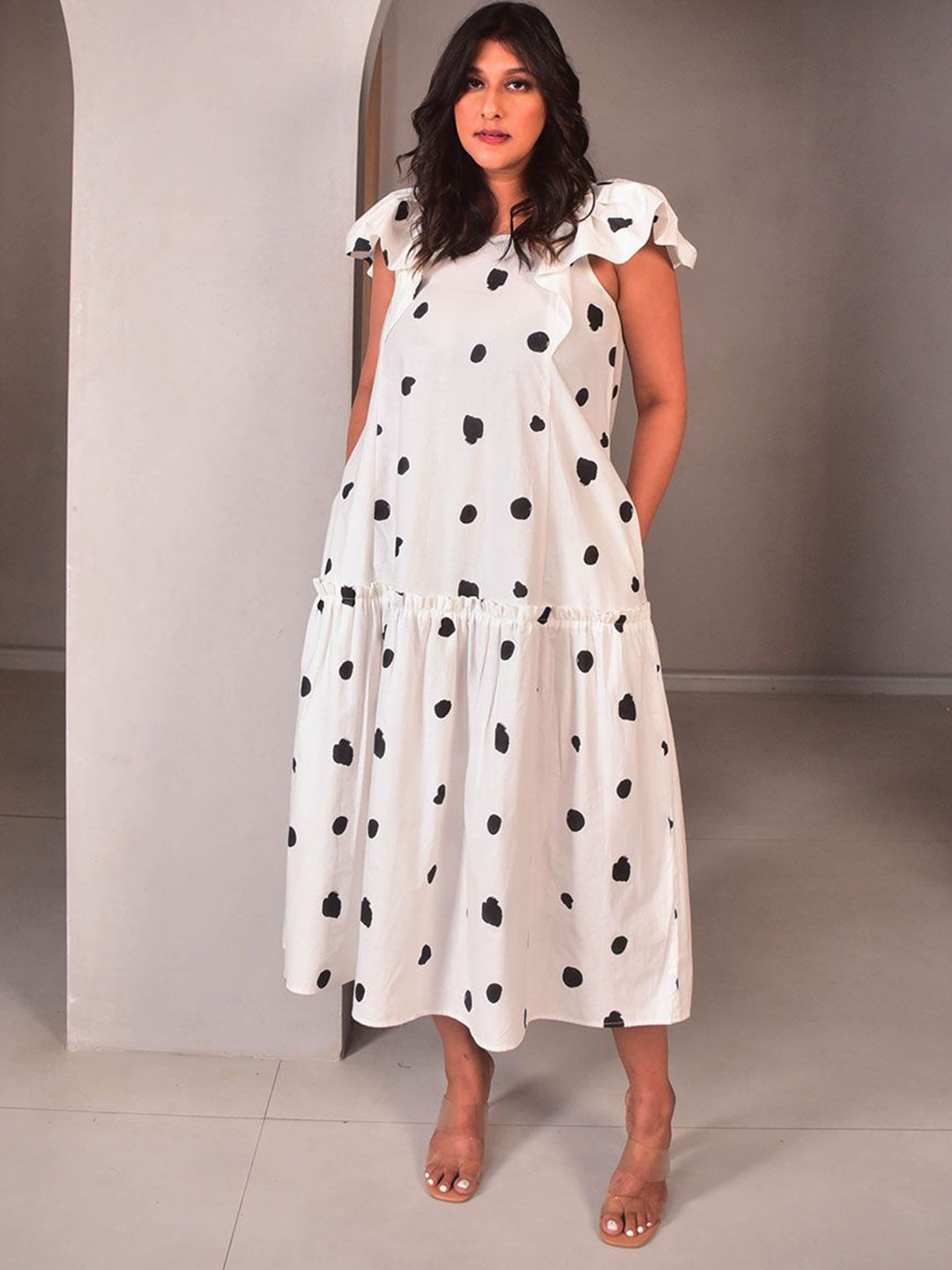 WHY SO BLUE Women Cotton Dottie Ruffled Dress