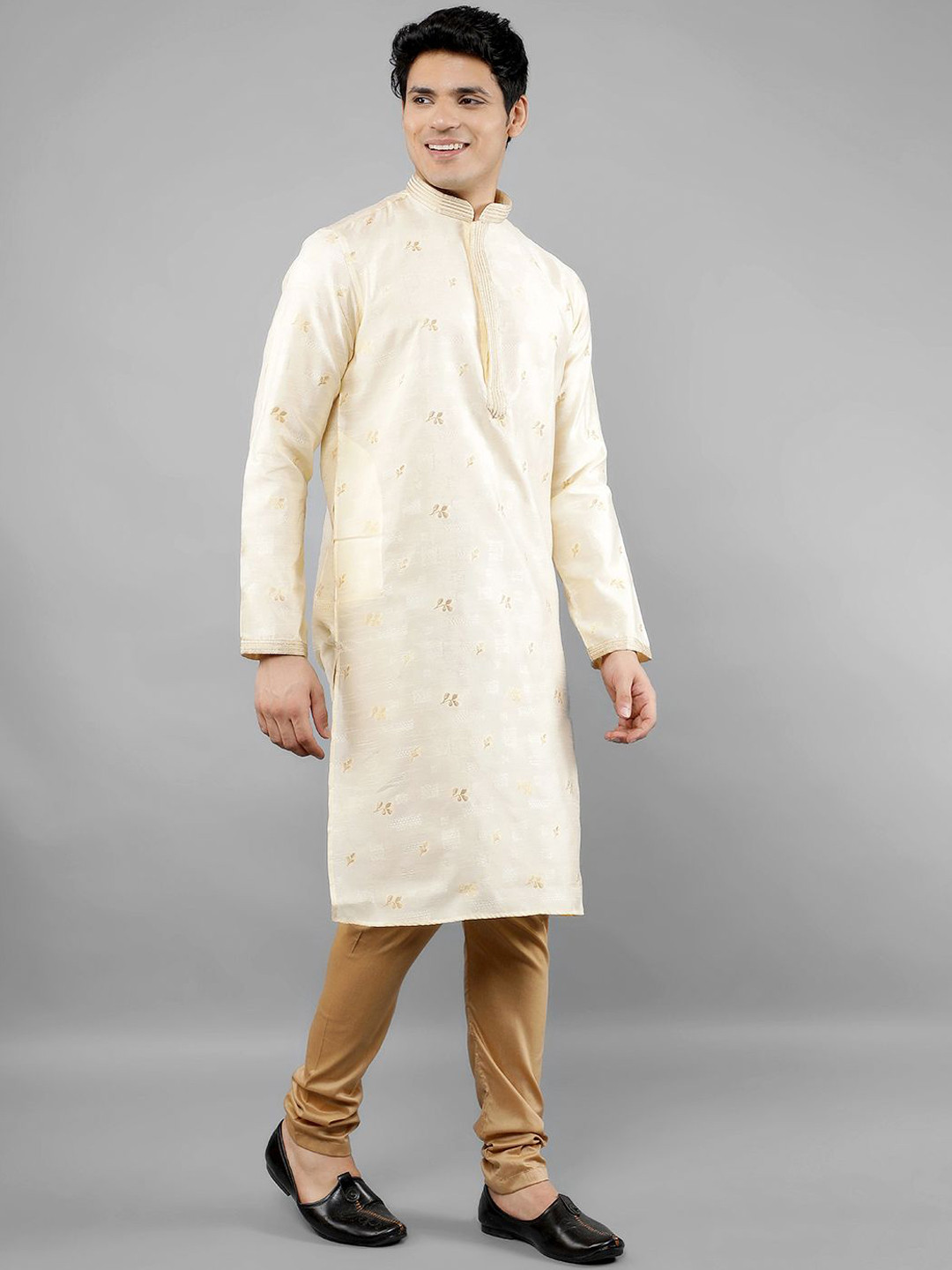 Manish Creations Men's Jacquard Woven Design Embroidered Kurta with Churidar Set