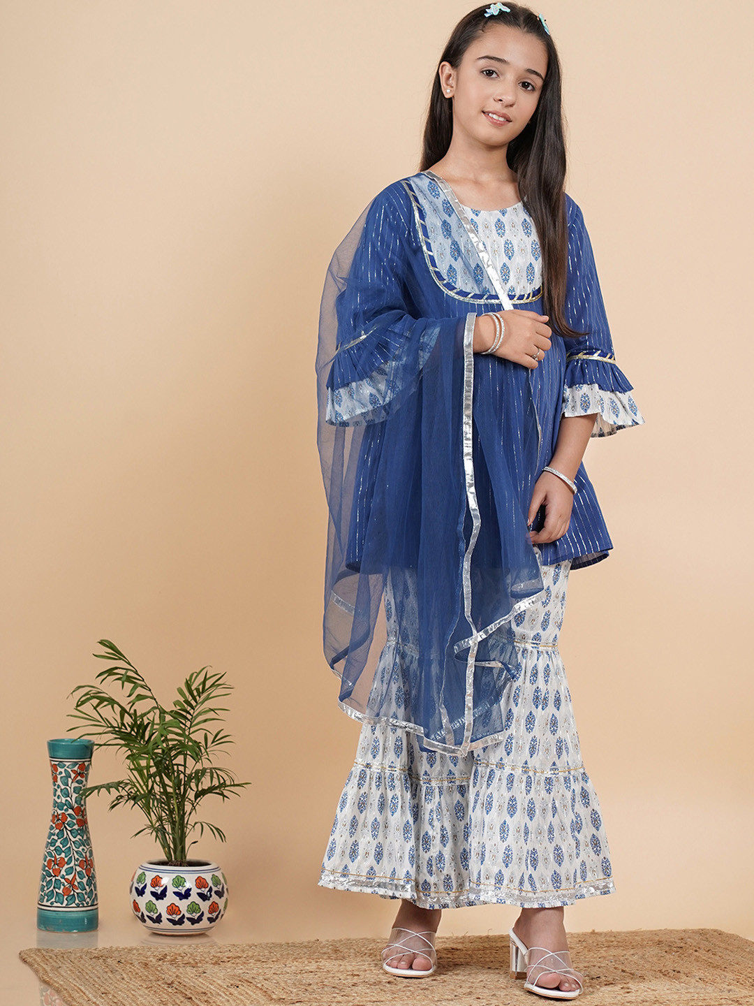 TUNIYA Girls Floral Printed Cotton Blend Gotta Patti Anarkali Kurta With Sharara & Dupatta