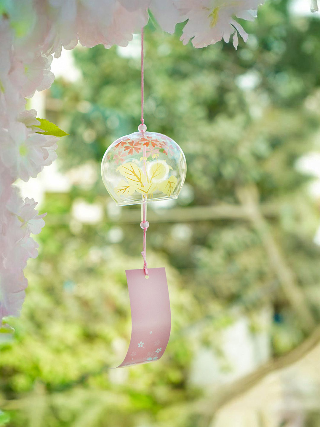 Nostrae by Ekhasa Pink & Transparent Printed Glass Japanese Wind Chimes