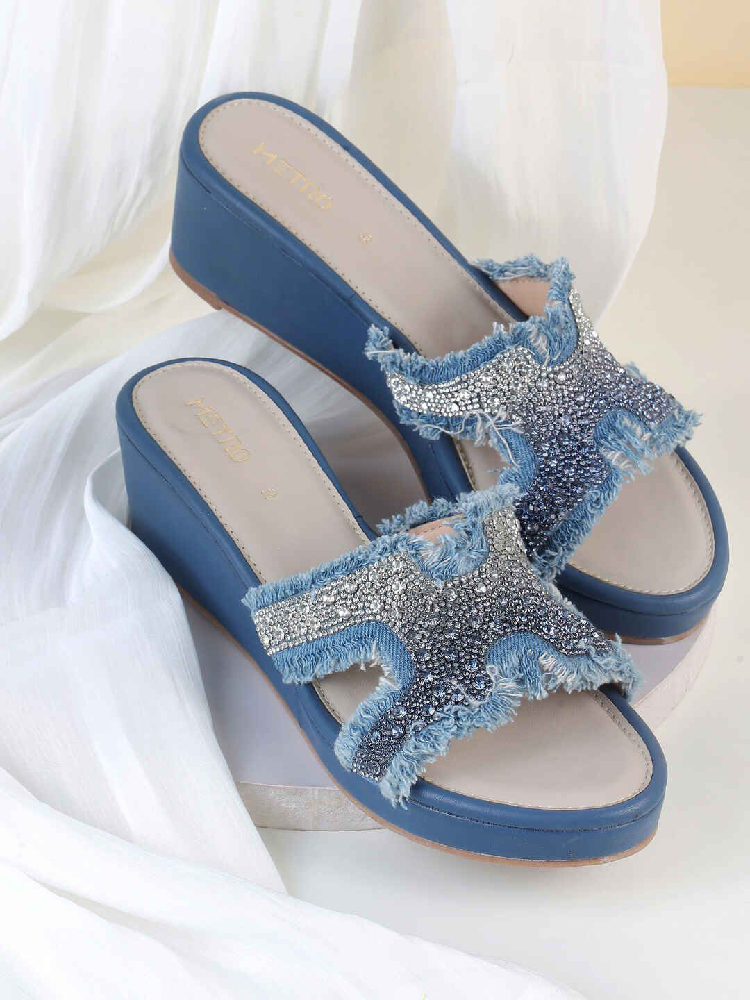 Metro Women Embellished Wedge Heel Denim Sandals