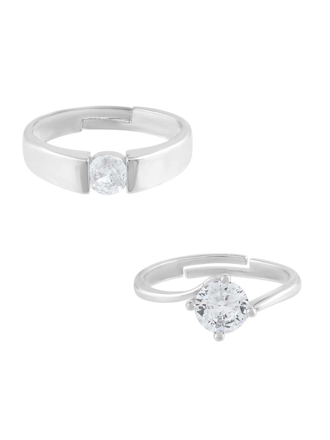 MEMOIR Set Of 2 Brass Silver Plated Quartz Studded Couple Finger Ring