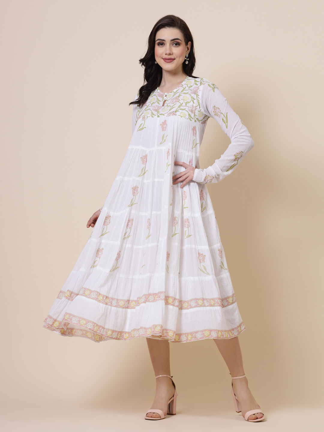 Shangri LA MS Designs Floral Printed Cotton Empire Midi Dress