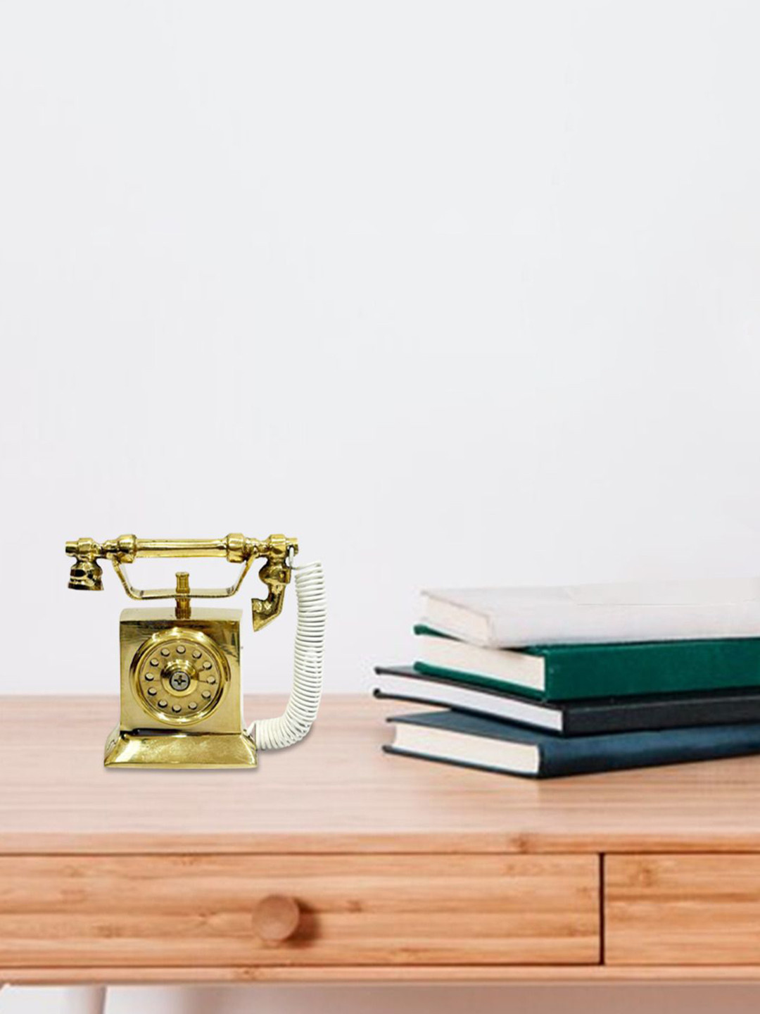 Desi Toys Vintage Landline Telephone Yellow Brass Metallic Living Room Tiny Showpiece - 3 Inches