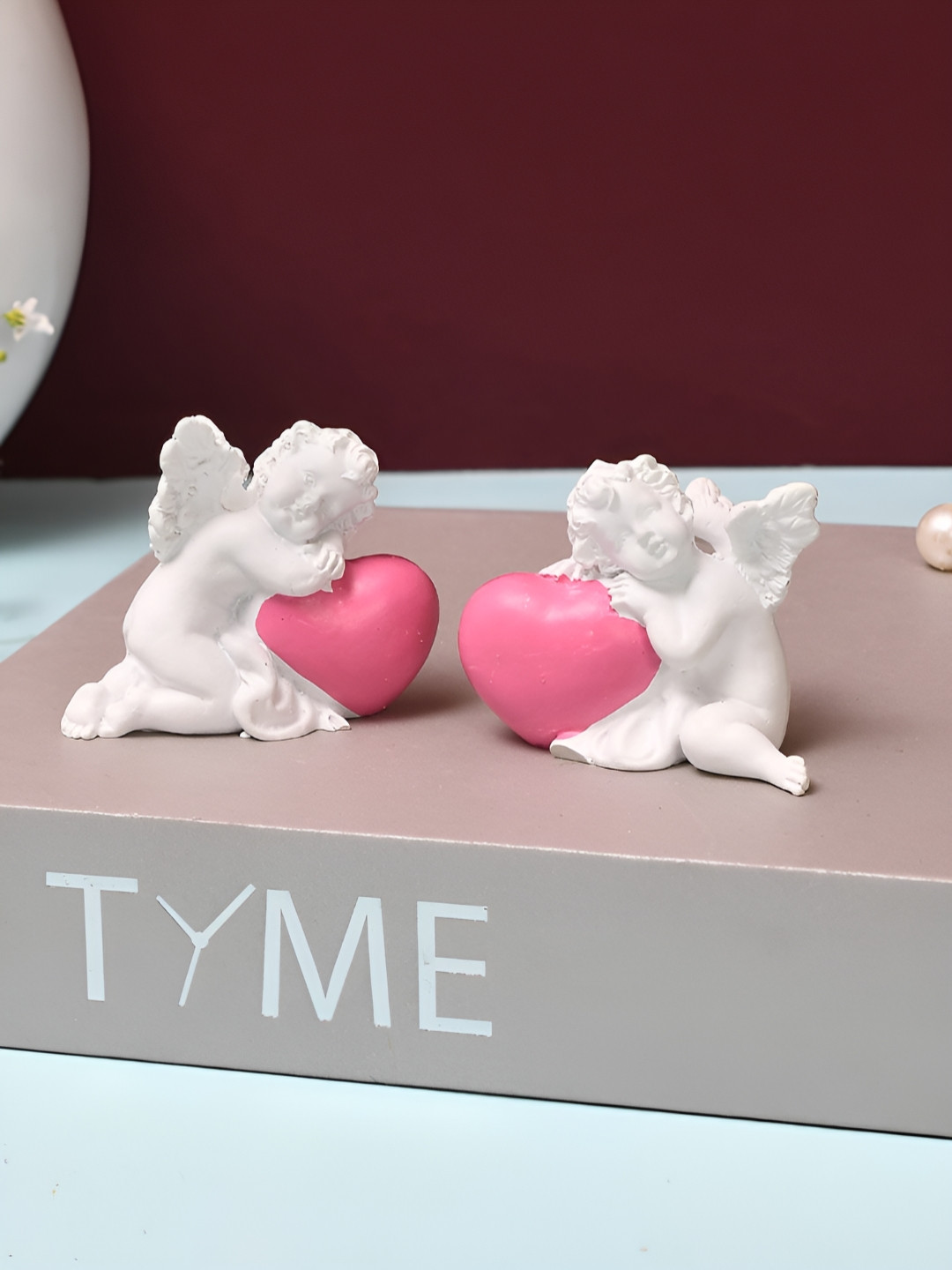 TAYHAA Angels with Hearts of Pure Love White Polyresin Glossy Living Room Set of 2 Tiny Showpieces - 2.4 Inches